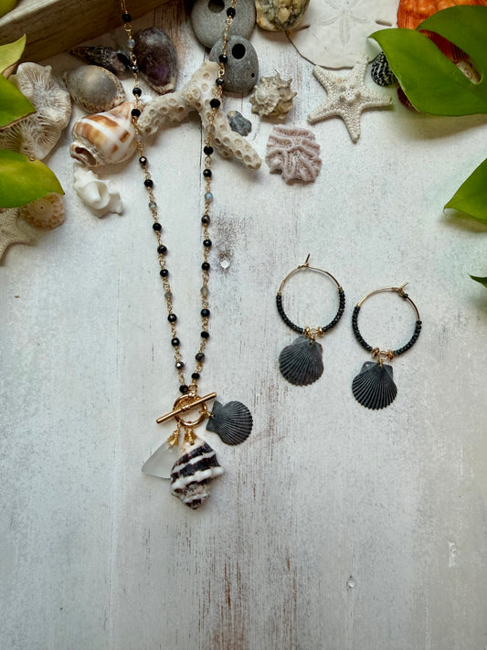 West Indian Top Shell & Black Spinel Necklace Set | Genuine Puerto Rico Magpie Shell | Blackened Calico Scallop Earrings