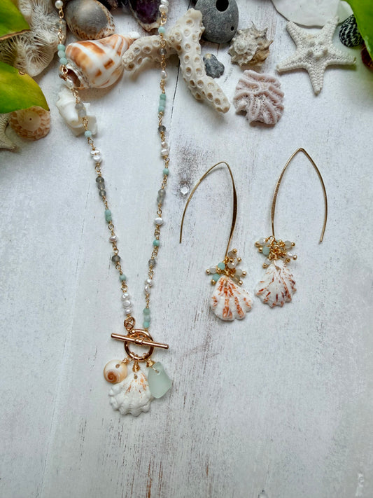 Kitten Paw Shell + Sea Glass Necklace Set | Genuine Florida Beach Finds | Pearl Amazonite Labradorite Gemstones