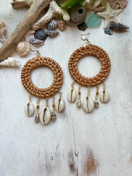 Tropical Rattan Hoop and Sea Shell Earrings