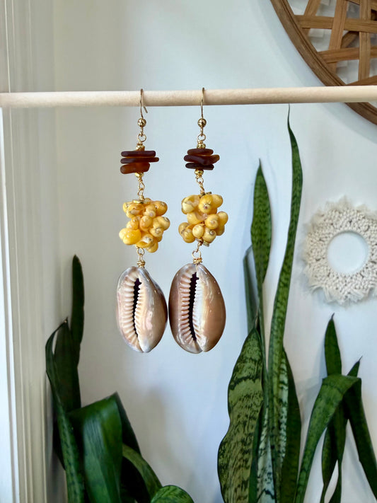 Cowrie Shell & Sea Glass Jewelry Set with Hawaiian Mongo Shells | Necklace + Earrings