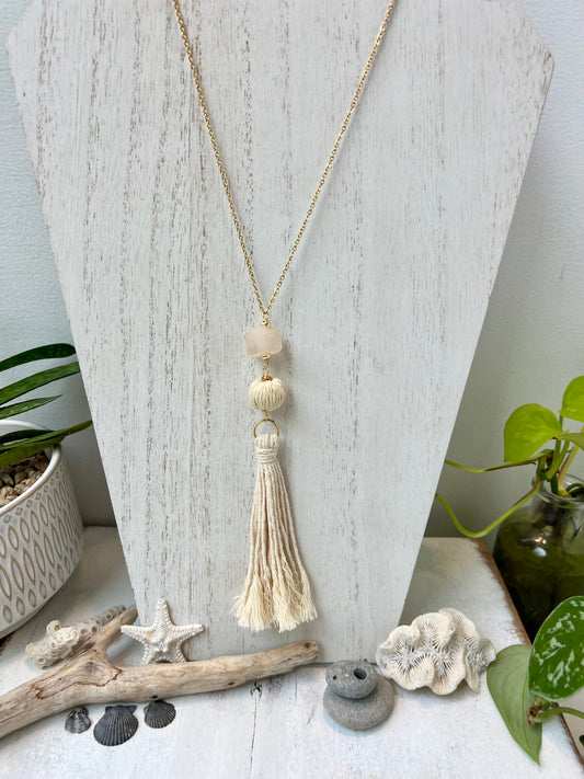Long Boho Rattan and Sea Glass Necklace