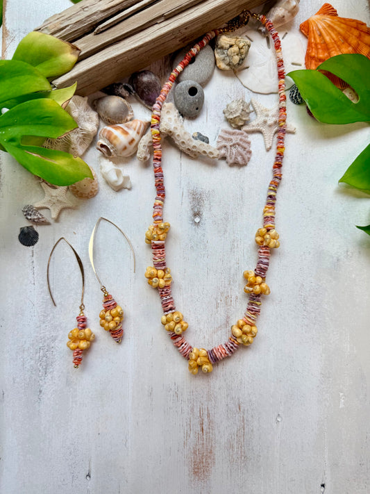 Scallop Shell Heishi Necklace & Earring Set | Mongo Shell Clusters | 18K Gold Plated