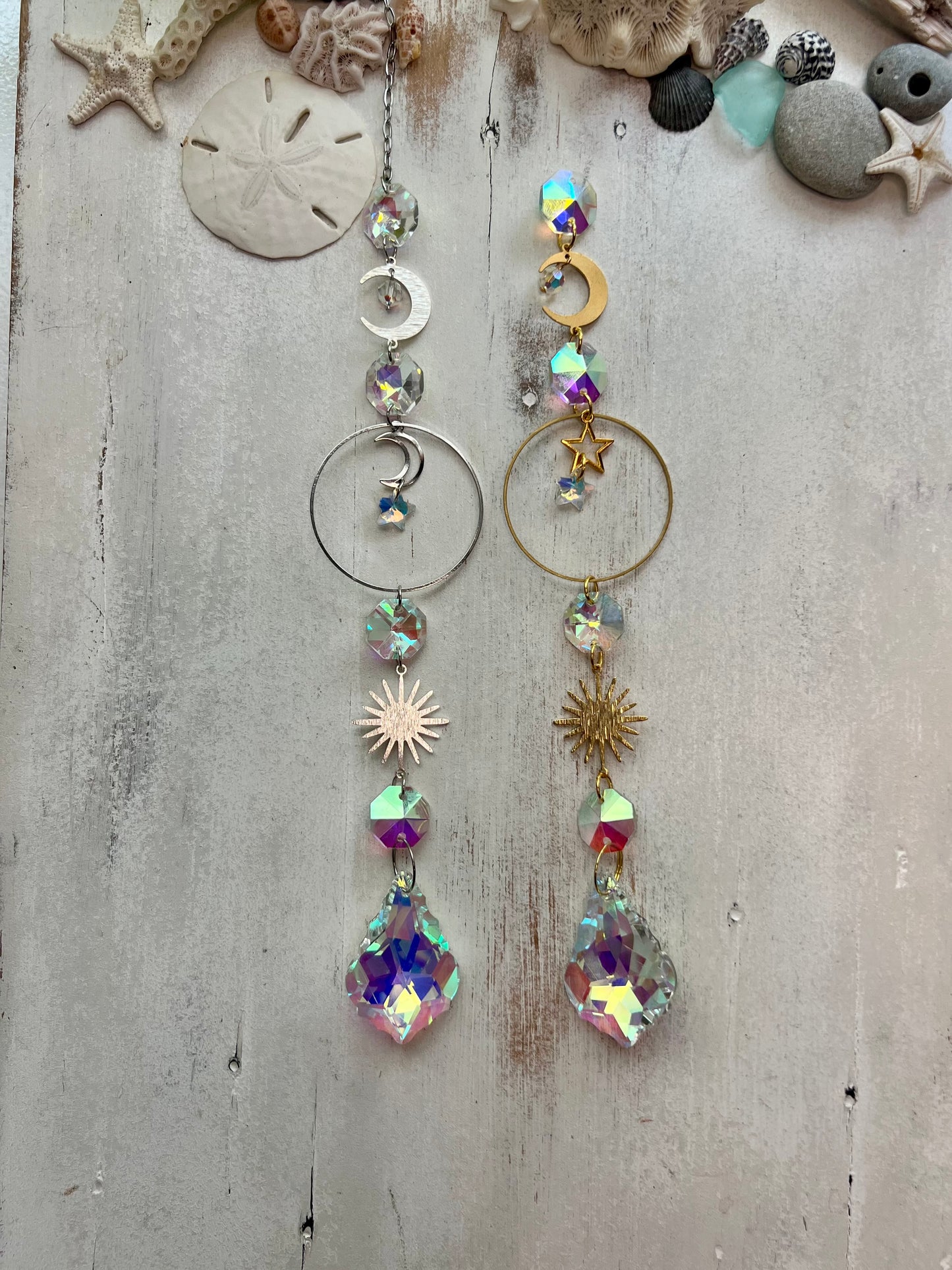 Crystal Prism Sun Catcher // Silver or Gold Sun, Moon & Stars