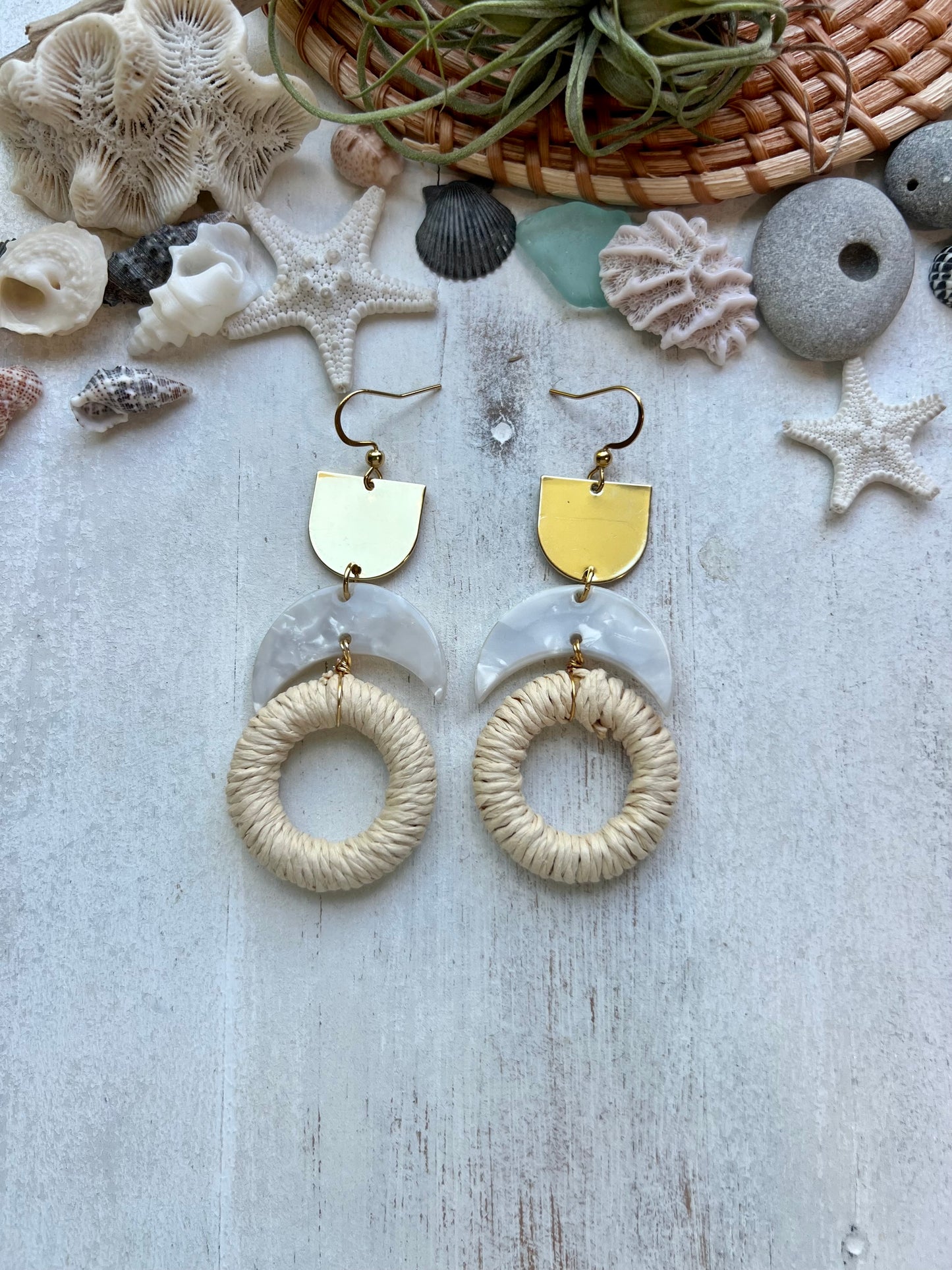 White Rattan hoop & Acrylic Half Moon Earrings