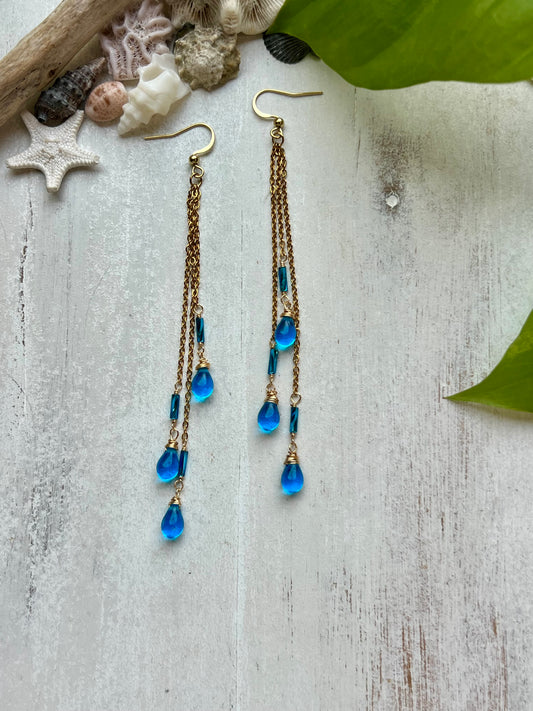 Sapphire Blue Glass Tear Drop Earrings