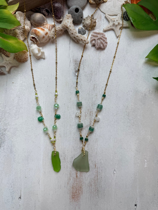 Sea Glass & Gemstone Necklace | Moonstone, Chrysoprase & Aventurine | One of a Kind Beach Jewelry