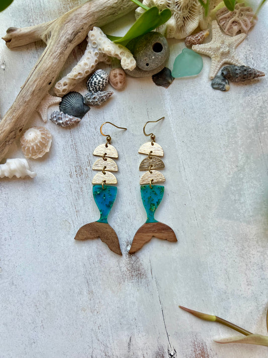 Wood and Resin Mermaid Tail Earrings