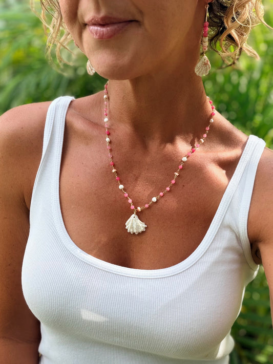 Hot Pink Jade & Kitten Paw Shell Necklace Set | One of a Kind, Won't Be Restocked | Red Lip Shell Heishi
