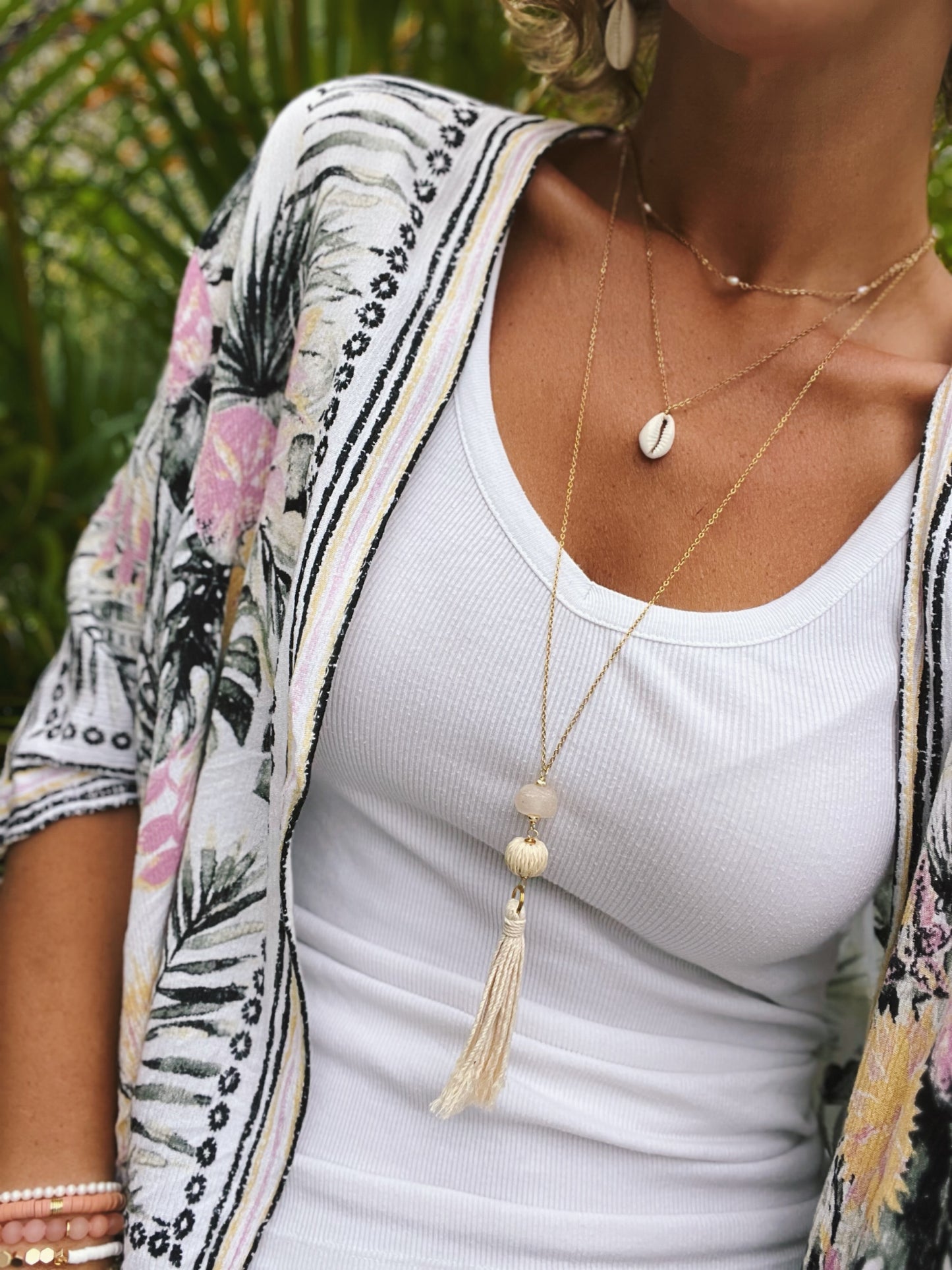 Long Boho Rattan and Sea Glass Necklace