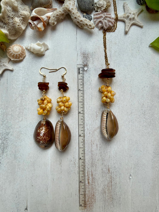Cowrie Shell & Sea Glass Jewelry Set with Hawaiian Mongo Shells | Necklace + Earrings