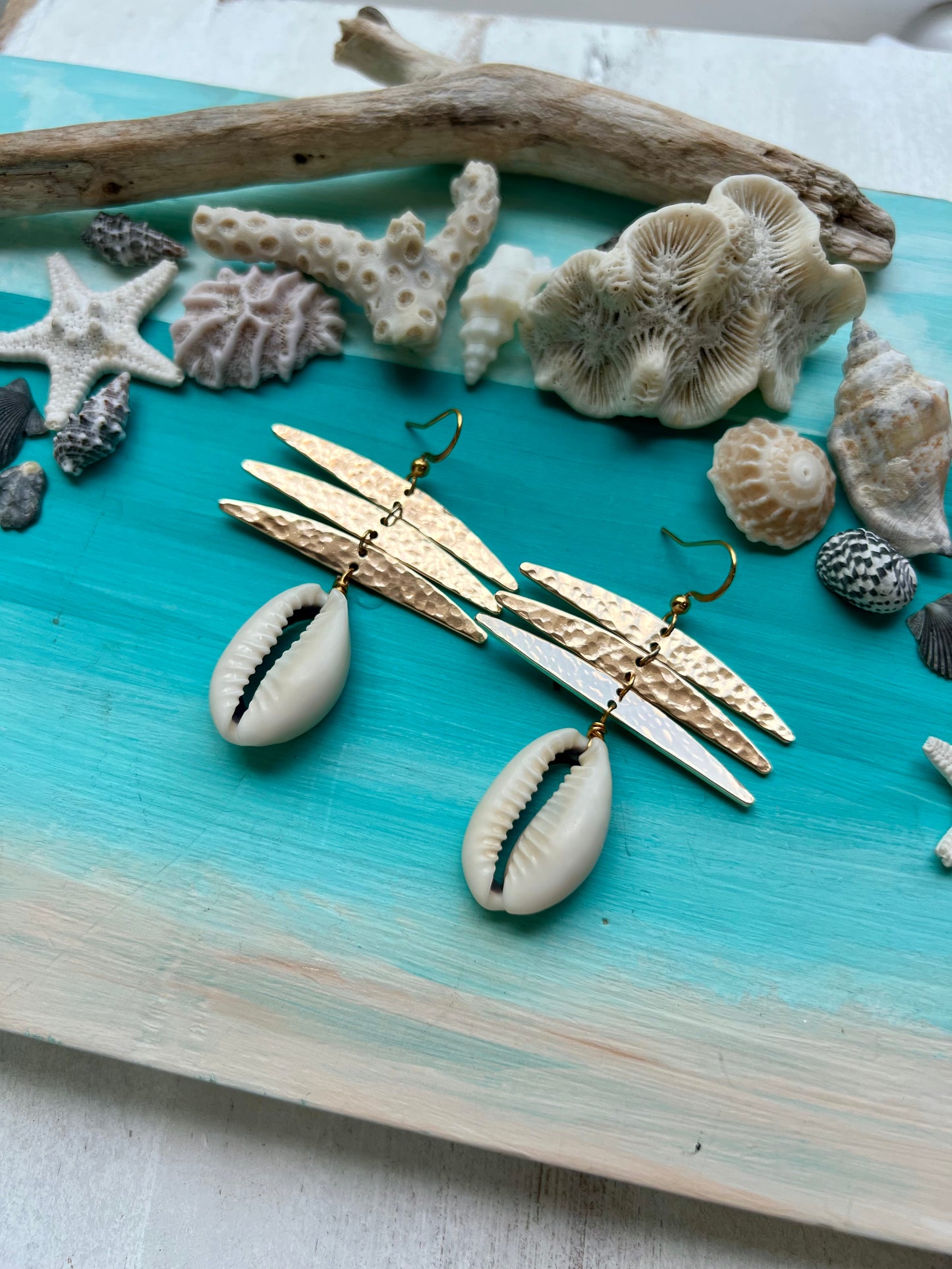 Cowrie shell & Hammered Geometric earrings