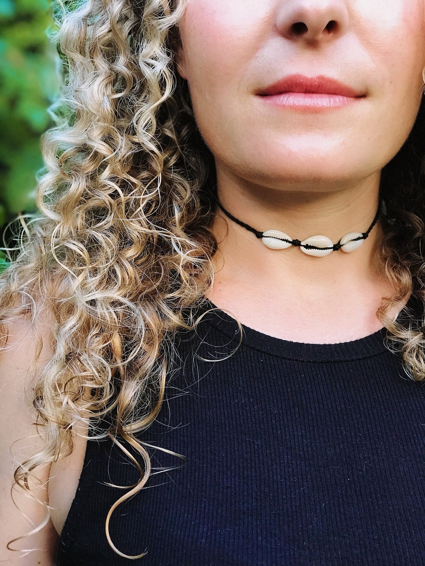black choker with 3 cowrie shells, sea shell choker necklace