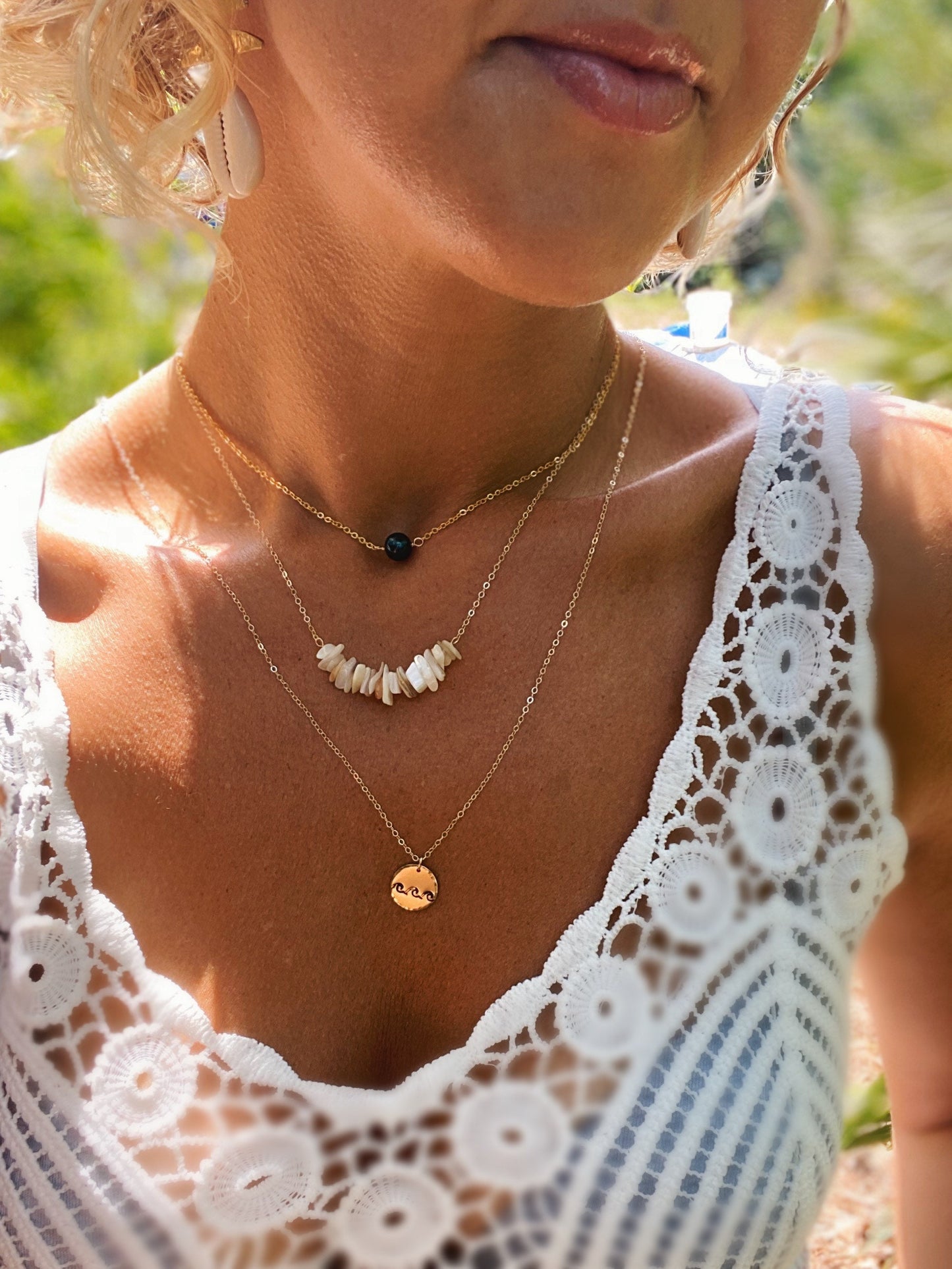 Triple wave stamped coin necklace