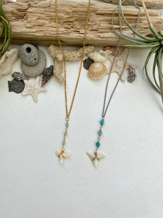 Gemstone & Shark Tooth Lariat Necklace