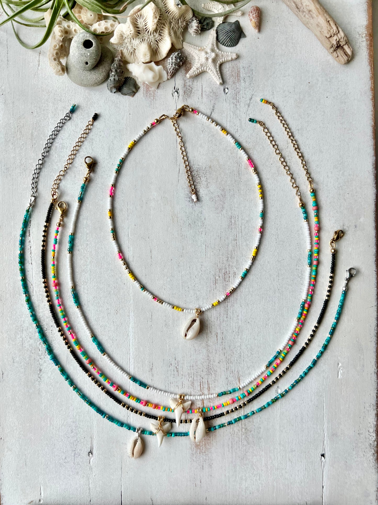 Shark Tooth | Cowrie Shell seed bead choker