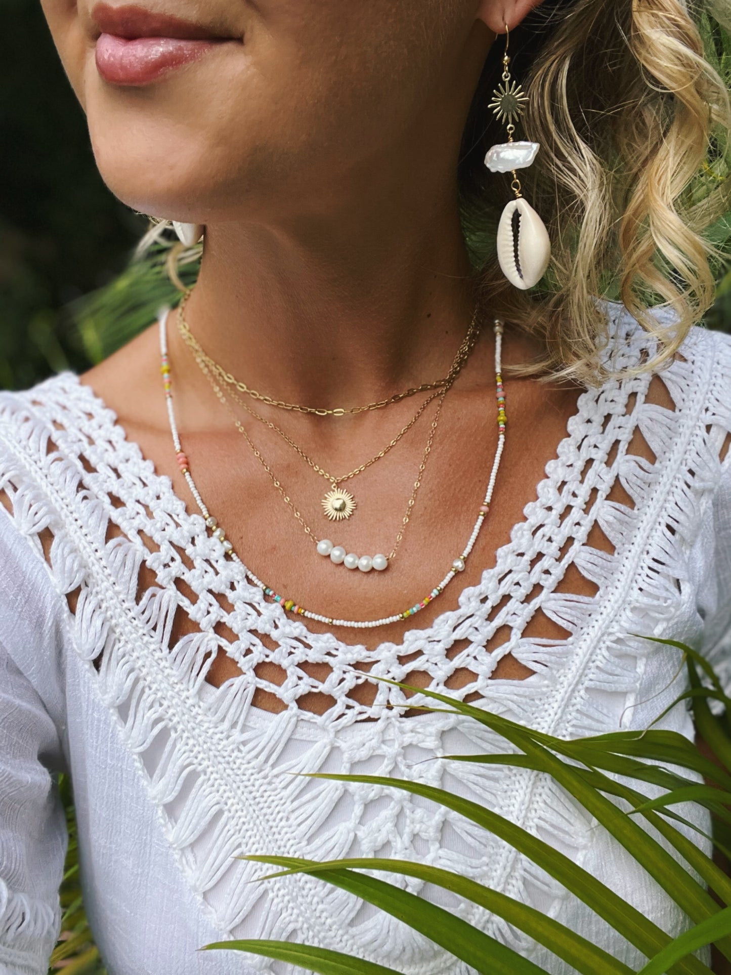 Cowrie shell, Pearl & Sun Earrings