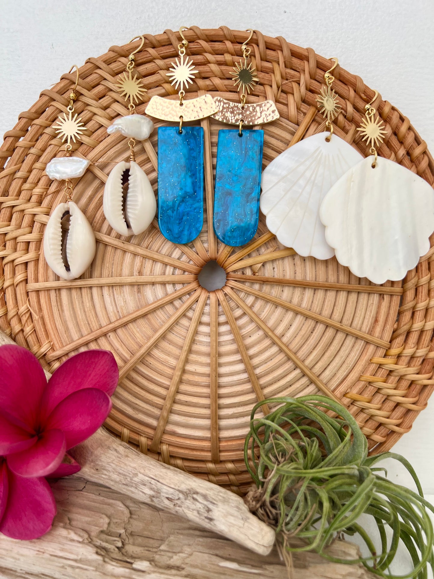 Cowrie shell, Pearl & Sun Earrings