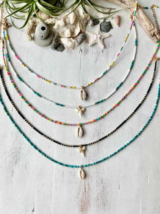 Shark Tooth | Cowrie Shell seed bead choker