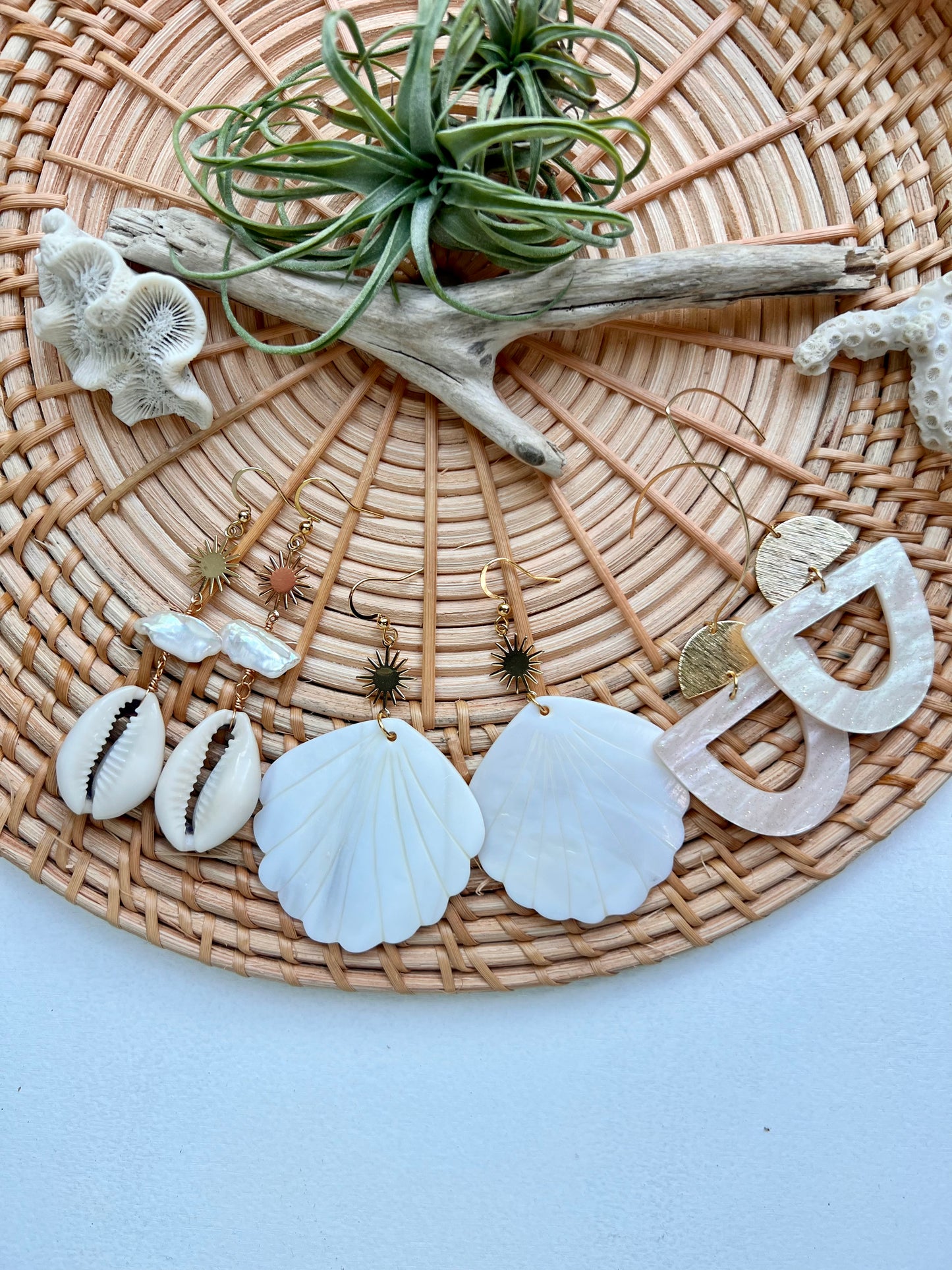 Cowrie shell, Pearl & Sun Earrings