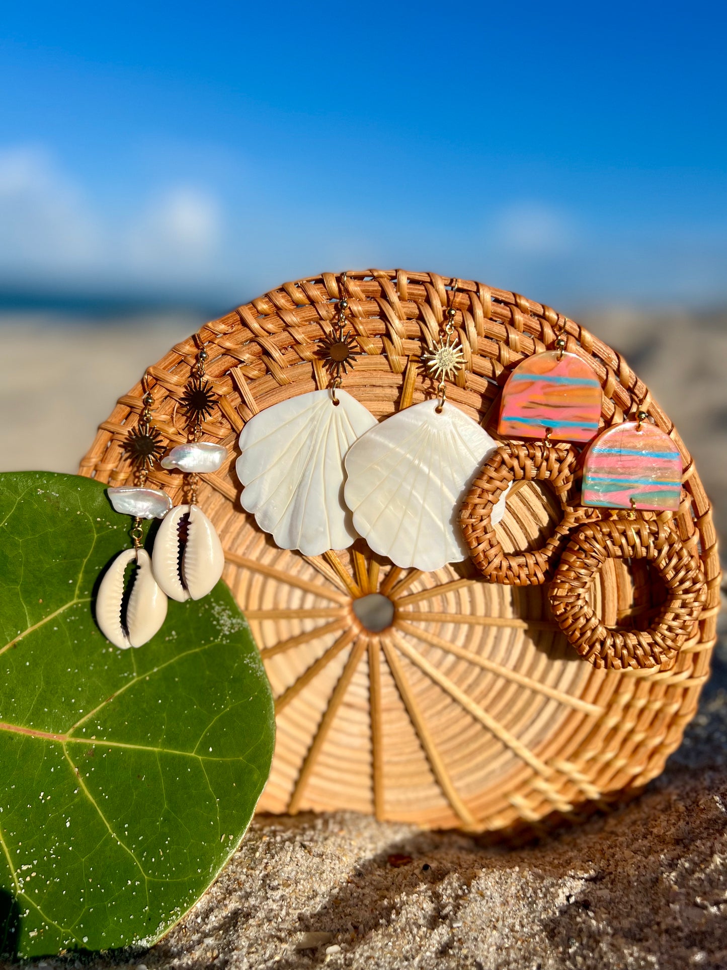 Cowrie shell, Pearl & Sun Earrings