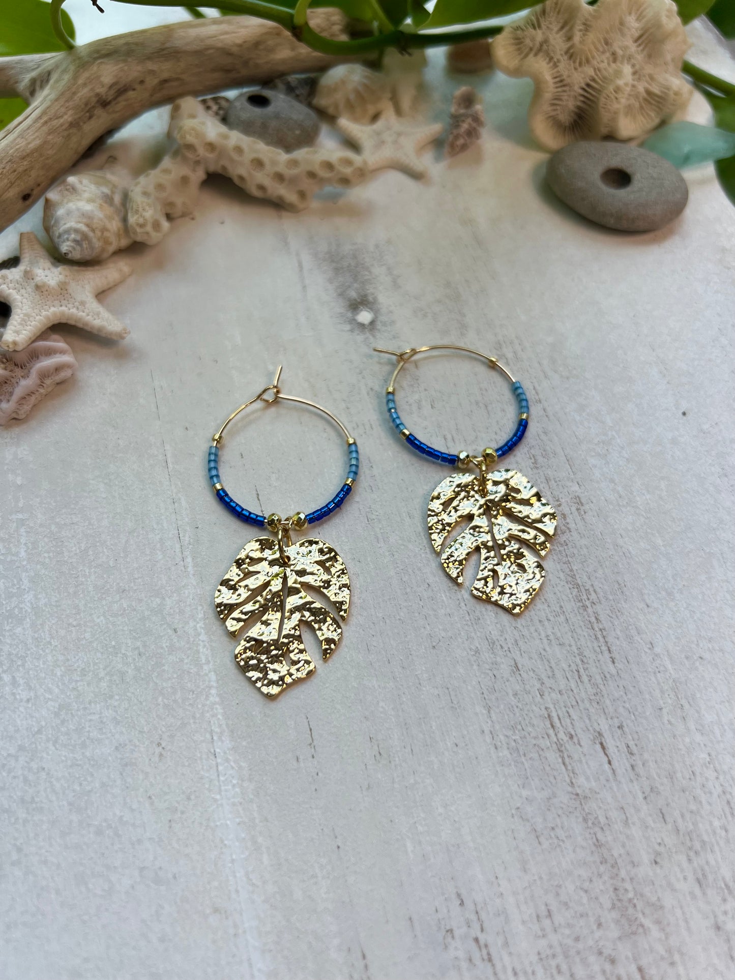 Monstera & Seed Bead Hoop Earrings