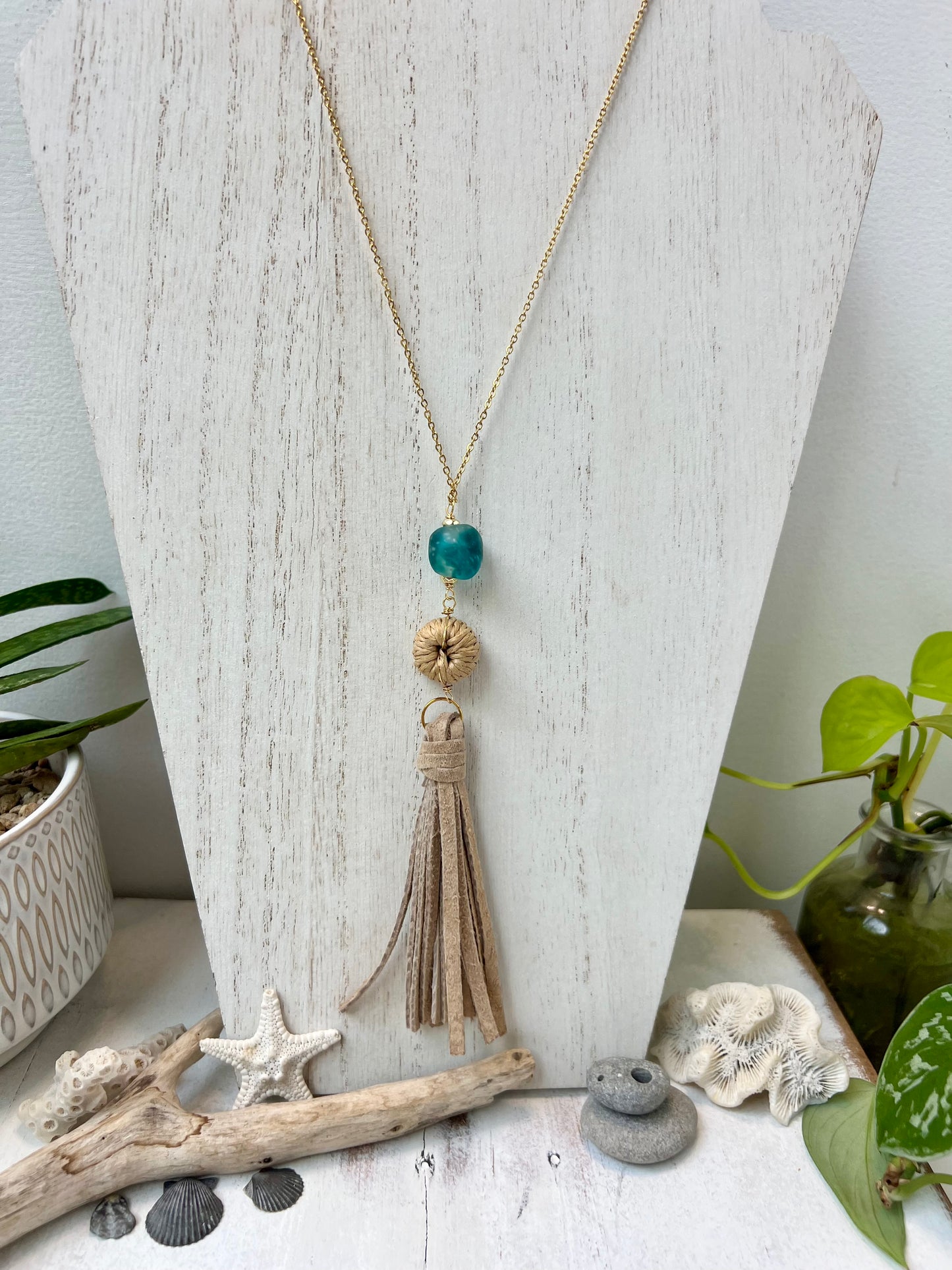 Sea Glass and Leather Tassel Necklace