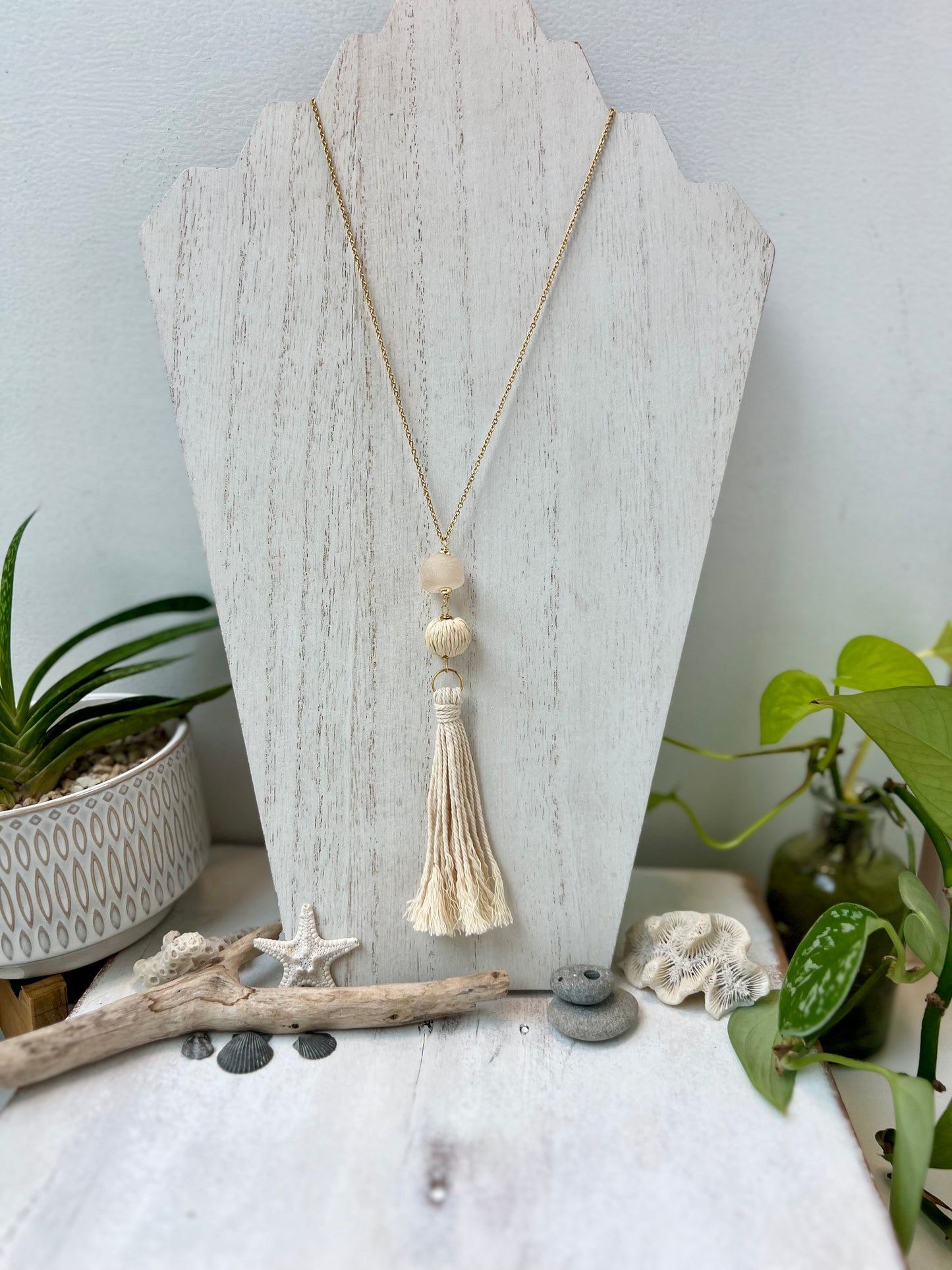 Long Boho Rattan and Sea Glass Necklace