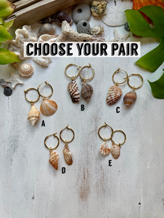 Mismatched Seashell Hoop Earrings | Hand Collected Beach Shells | 18K Gold Plated Hoops