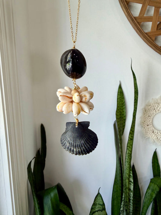 Hawaiian Kukui Nut Necklace | Cowrie Shell Cluster & Blackened Scallop Shell | Adjustable Gold Chain