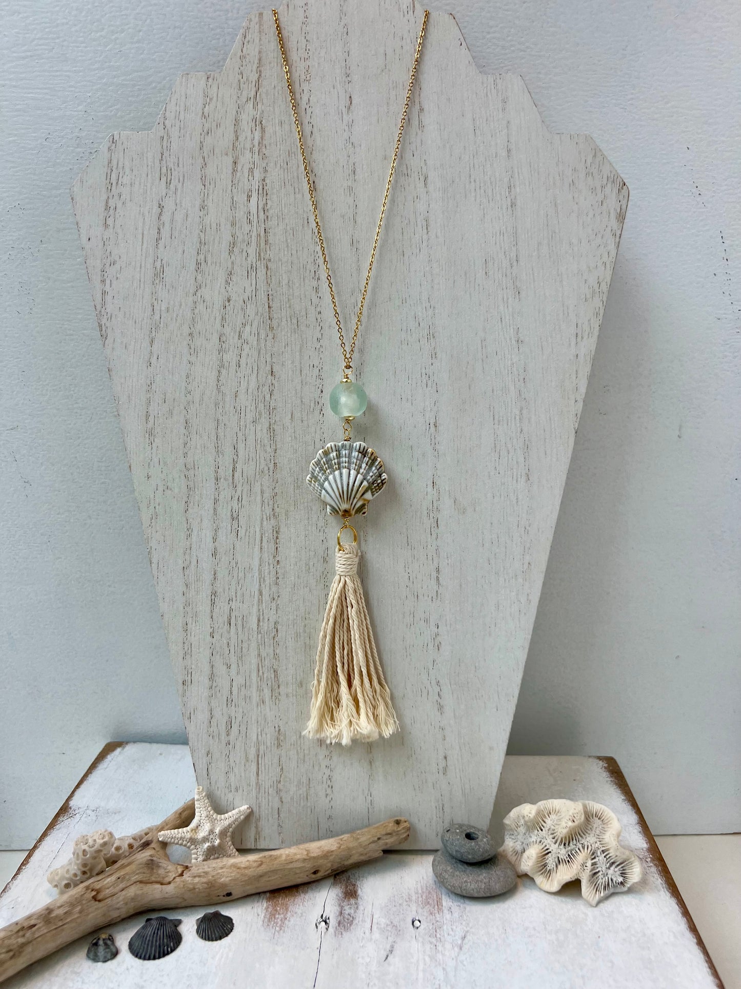 Sea shell & Sea Glass Boho Tassel Necklace