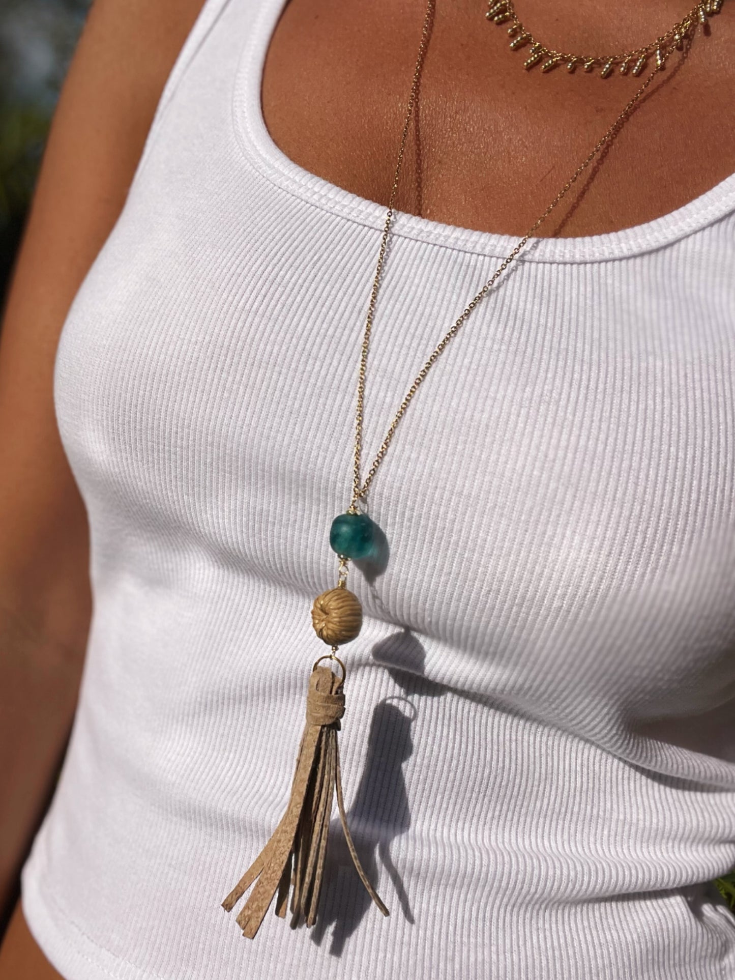 Sea Glass and Leather Tassel Necklace