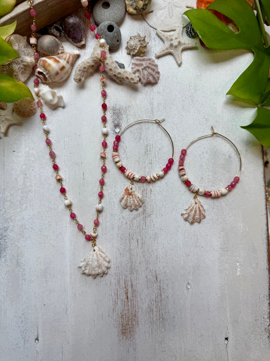 Hot Pink Jade & Kitten Paw Shell Necklace Set | One of a Kind, Won't Be Restocked | Red Lip Shell Heishi