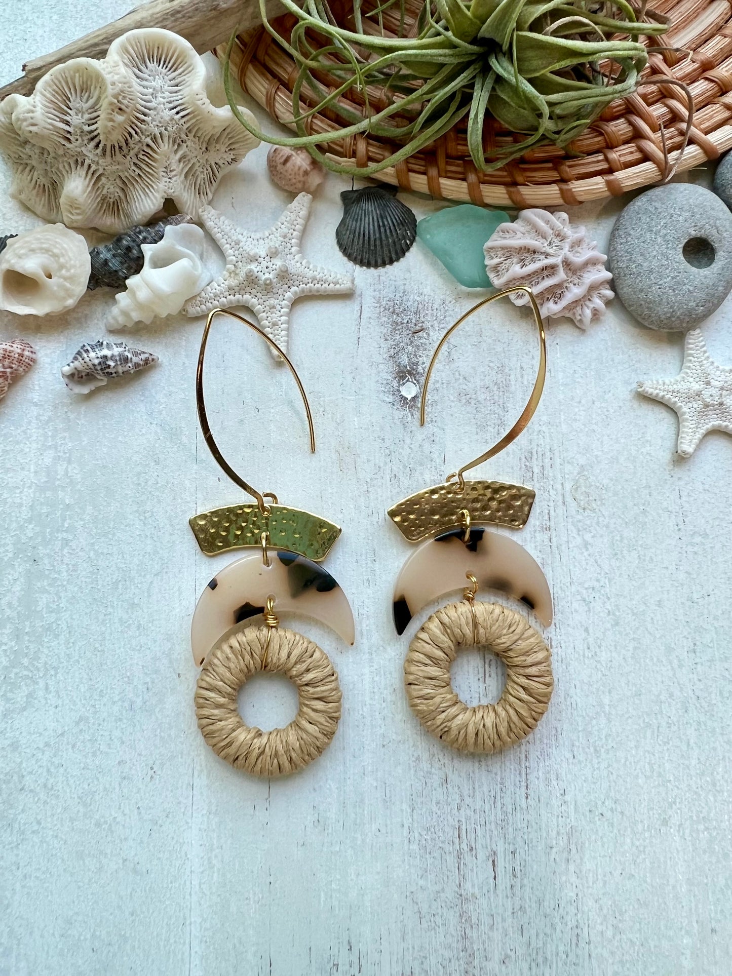 Tortoise Shell Moon and Rattan hoop Earrings