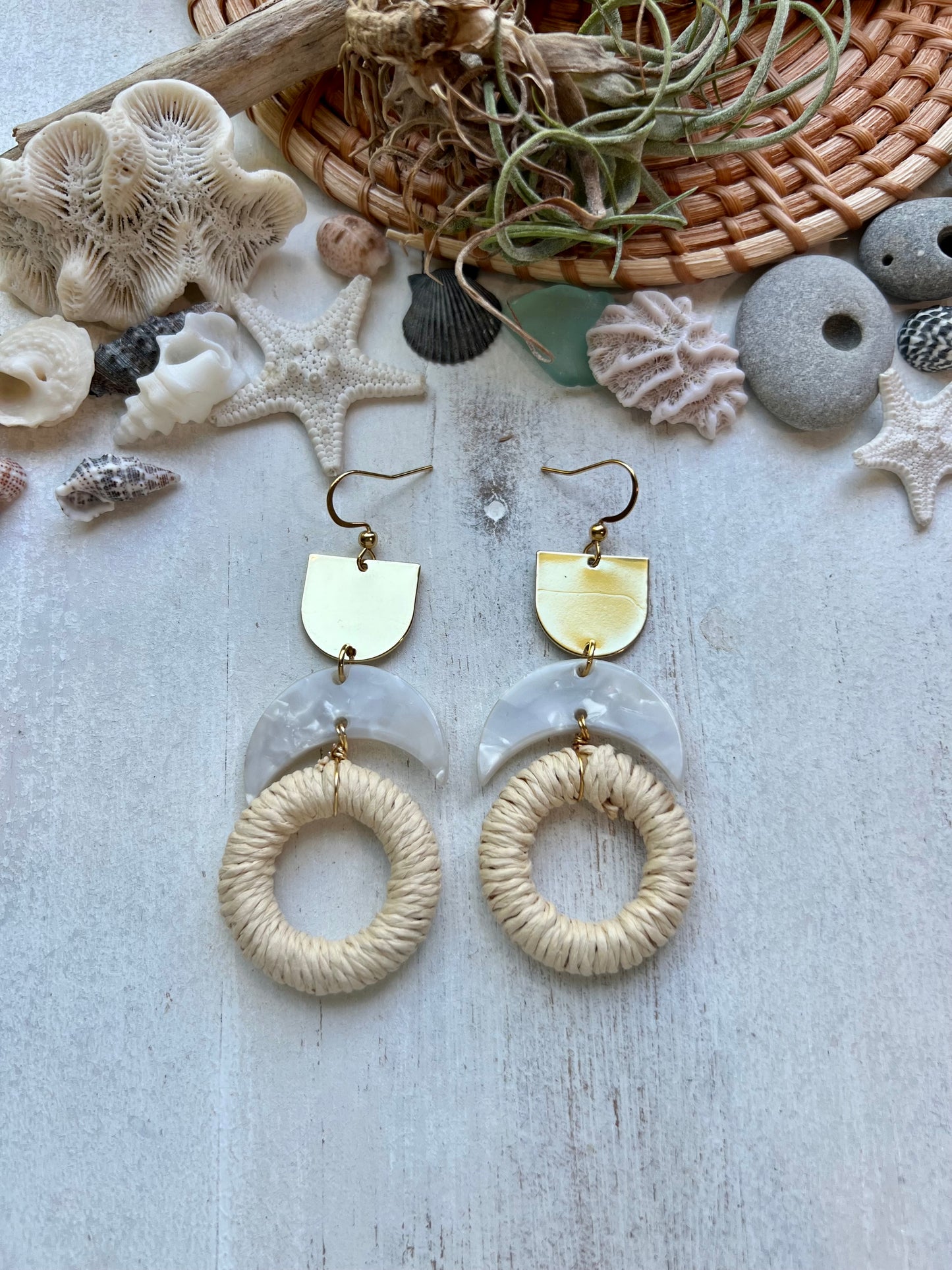 White Rattan hoop & Acrylic Half Moon Earrings