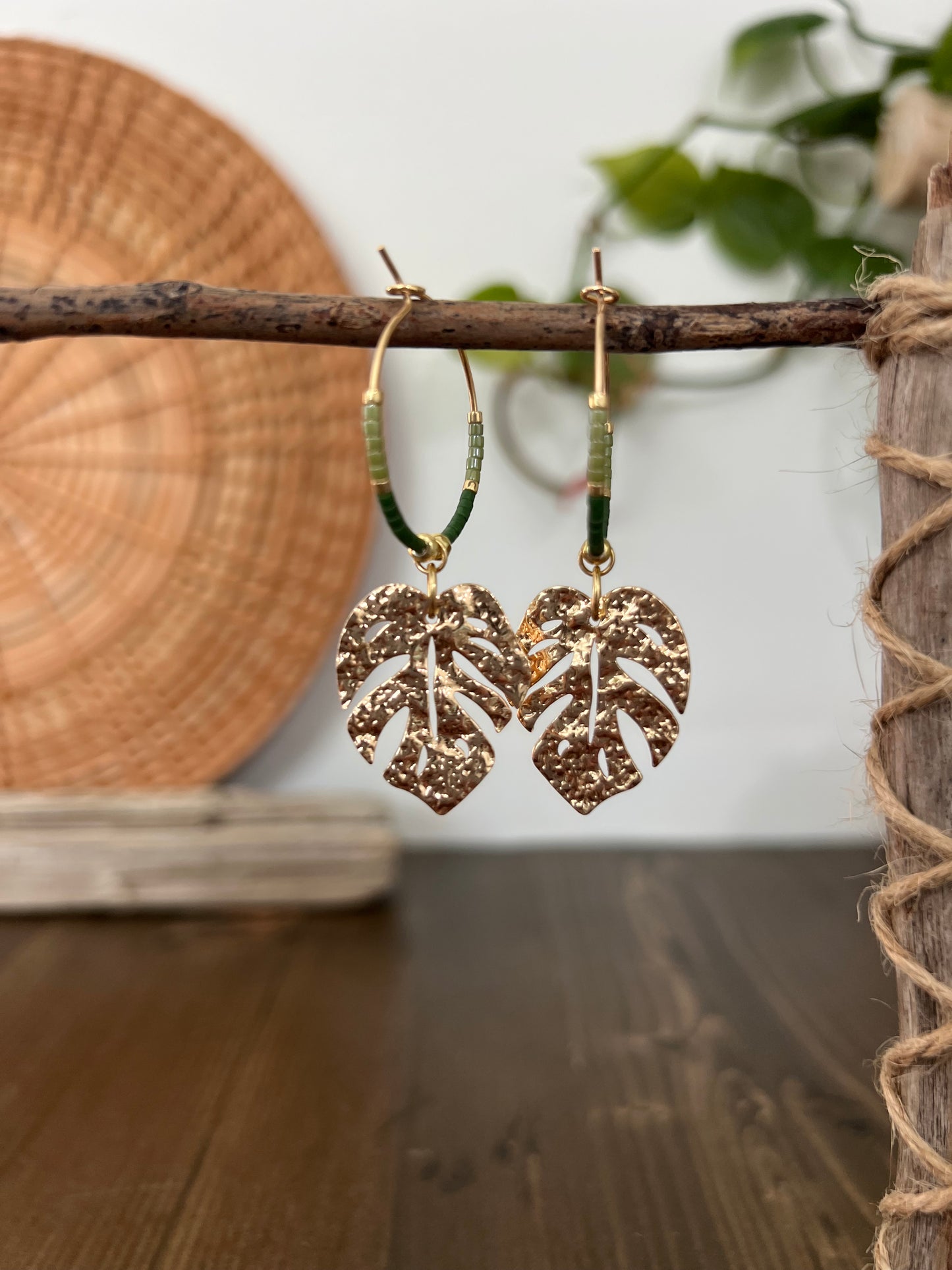 Monstera & Seed Bead Hoop Earrings