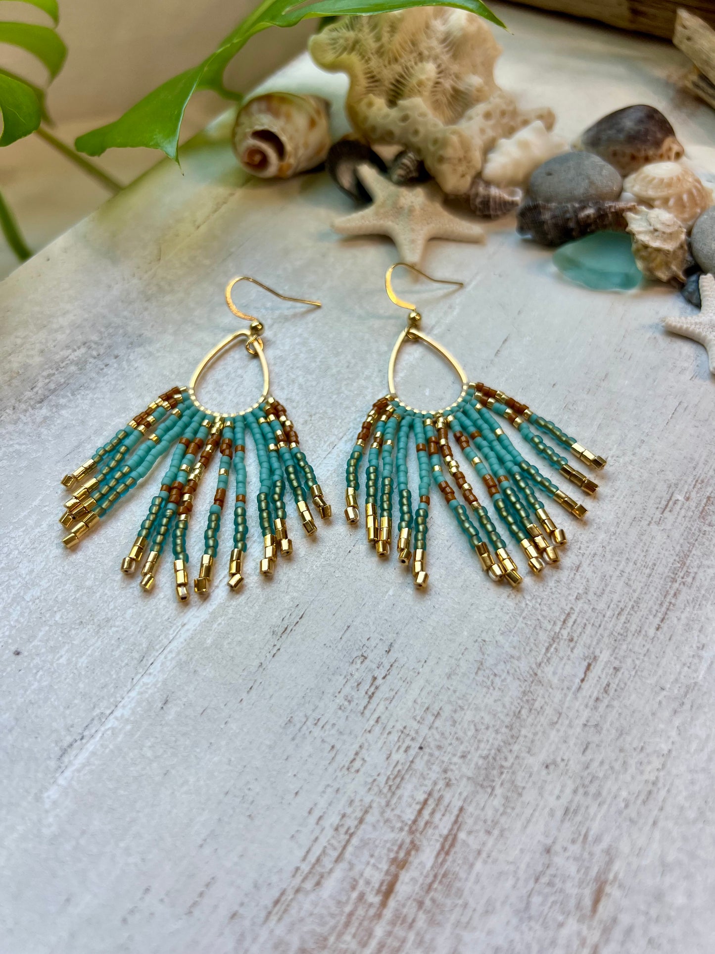 Tan & Aqua Seed Bead Earrings | Limited Edition