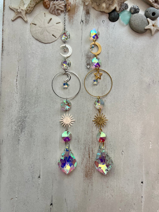 Crystal Prism Sun Catcher // Silver or Gold Sun, Moon & Stars