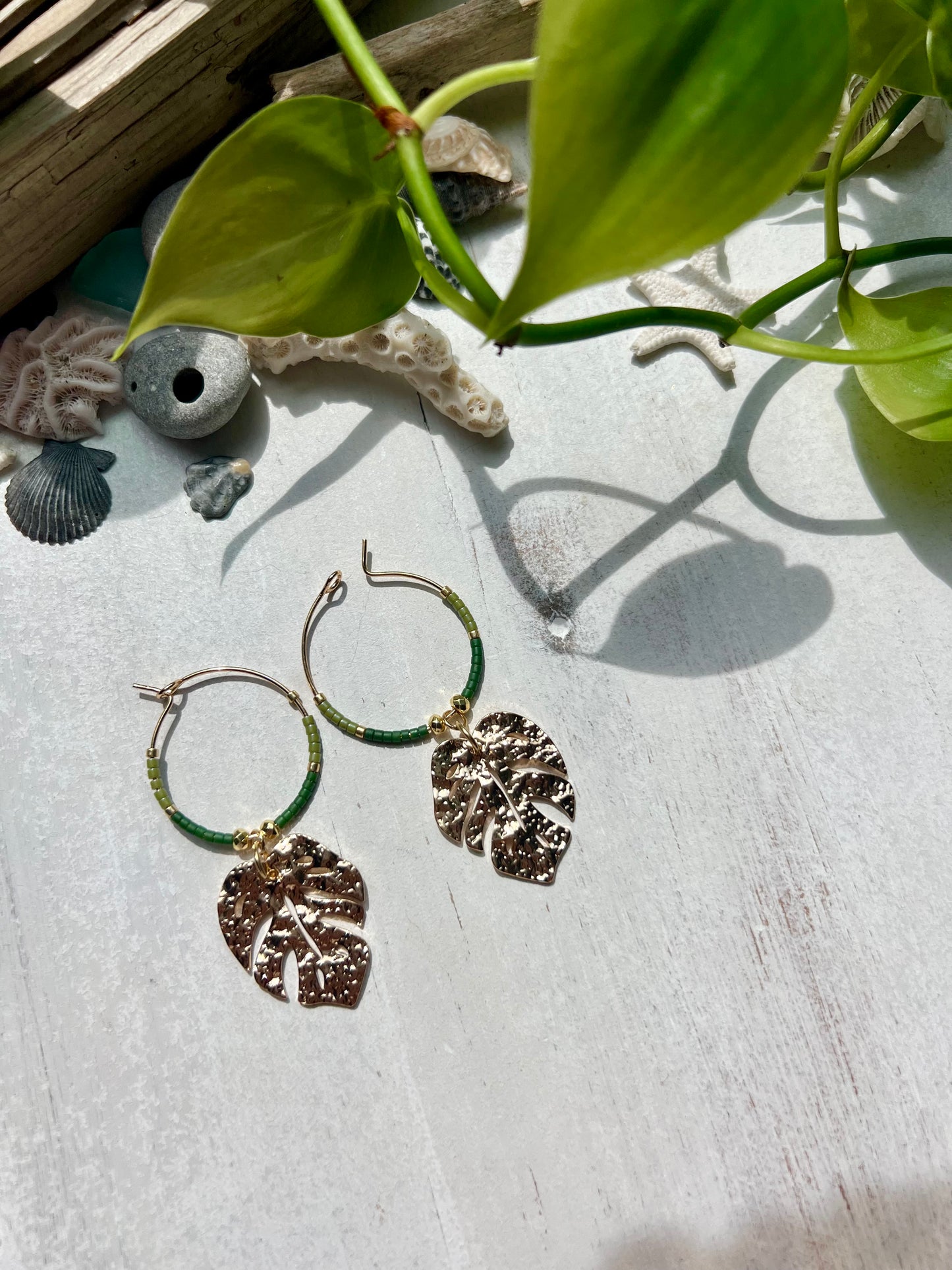 Monstera & Seed Bead Hoop Earrings