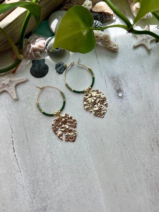 Monstera & Seed Bead Hoop Earrings