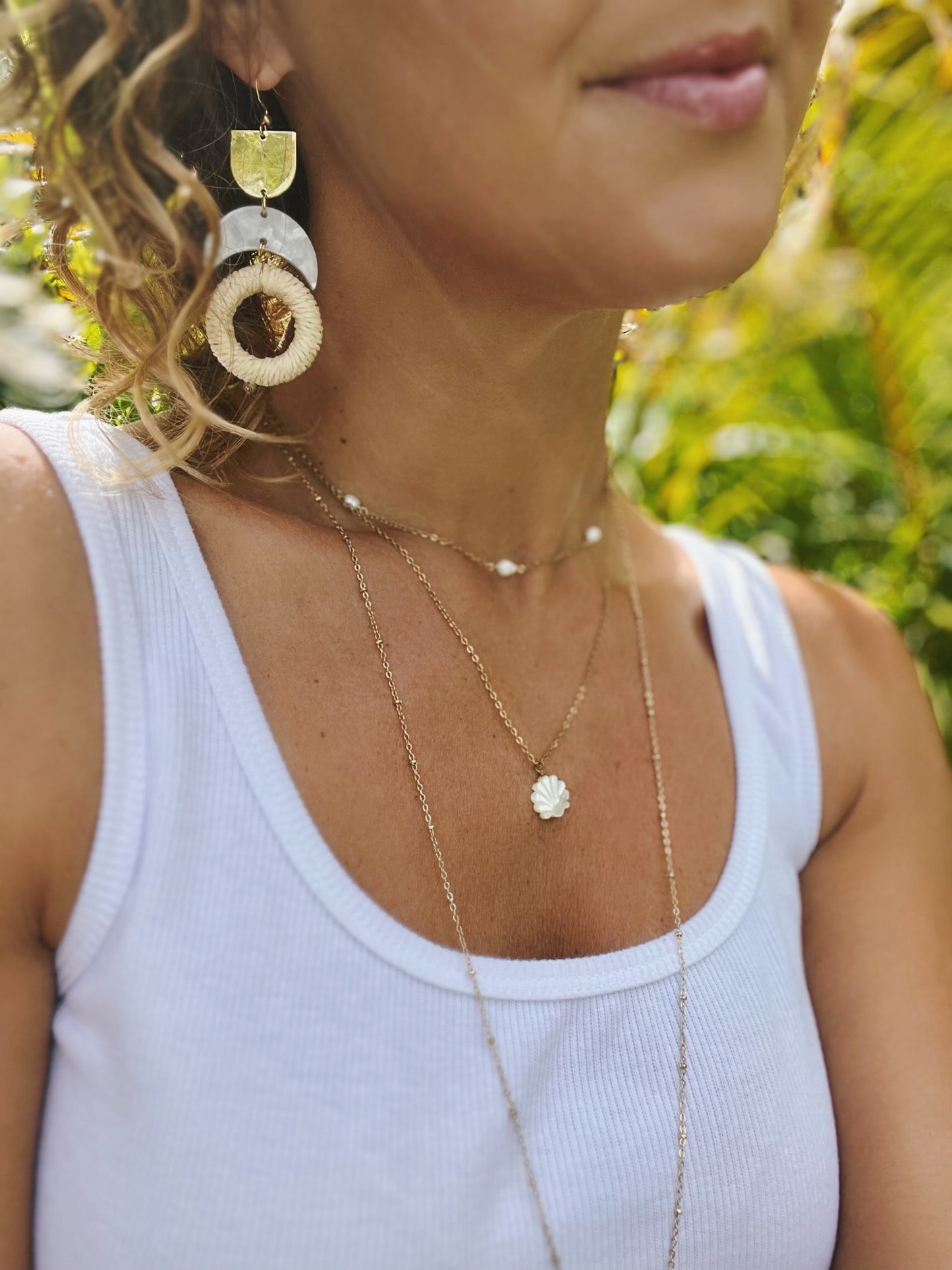 White Rattan hoop & Acrylic Half Moon Earrings