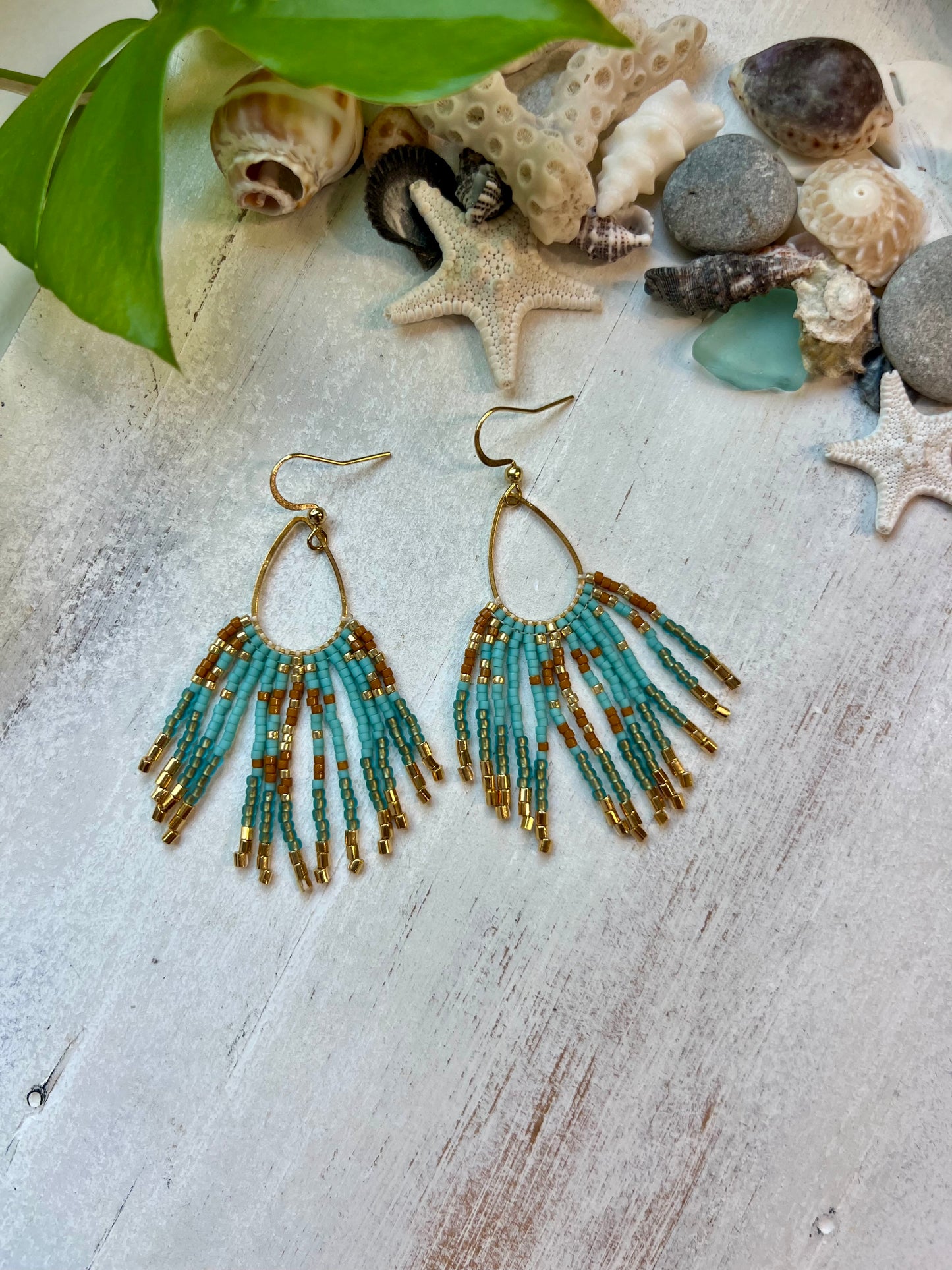 Tan & Aqua Seed Bead Earrings | Limited Edition