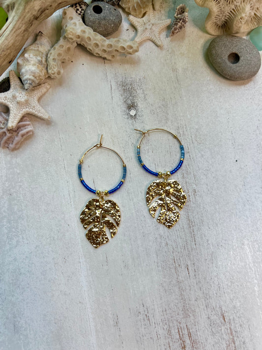 Monstera & Seed Bead Hoop Earrings