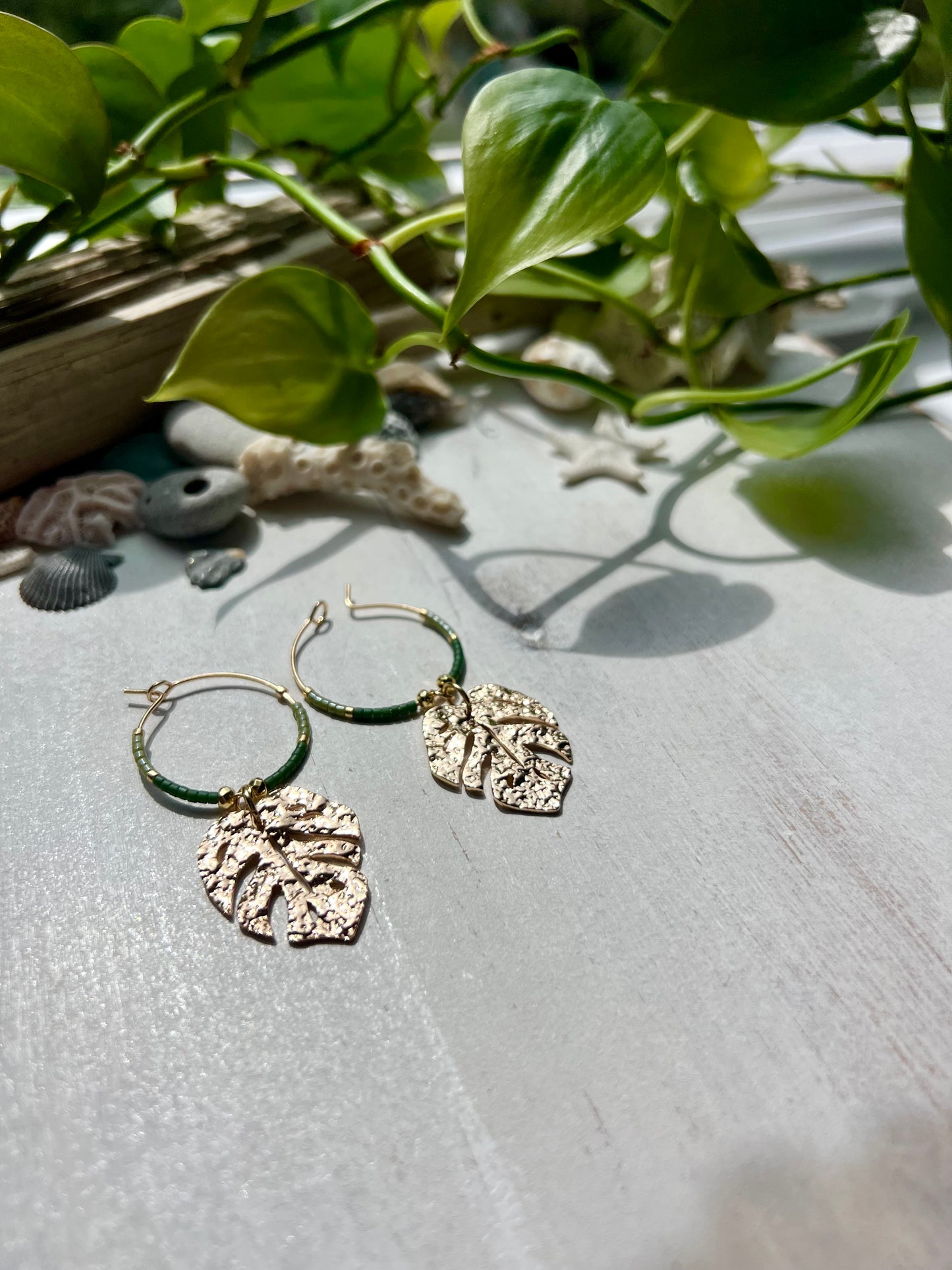 Monstera & Seed Bead Hoop Earrings