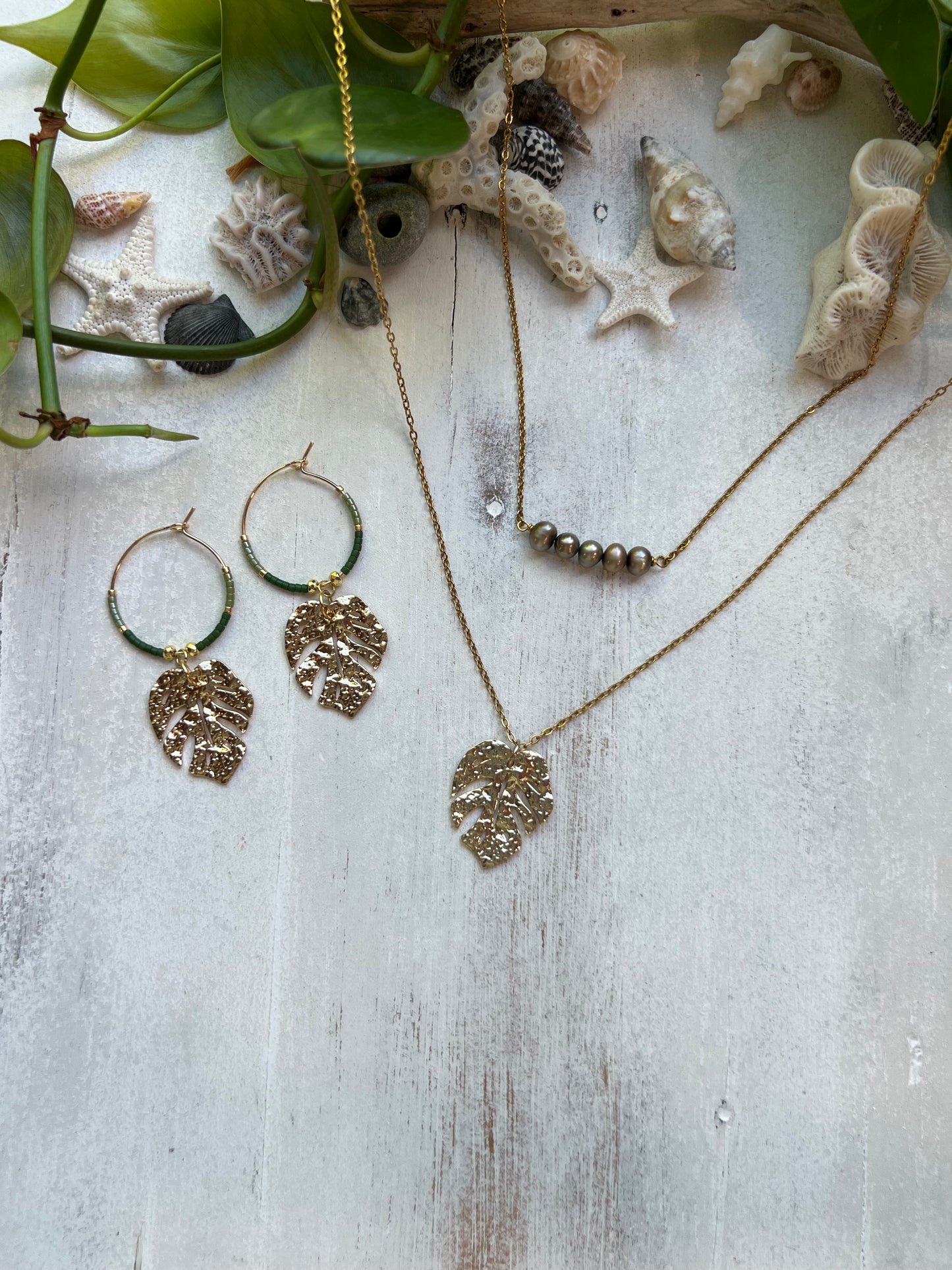 Monstera & Seed Bead Hoop Earrings