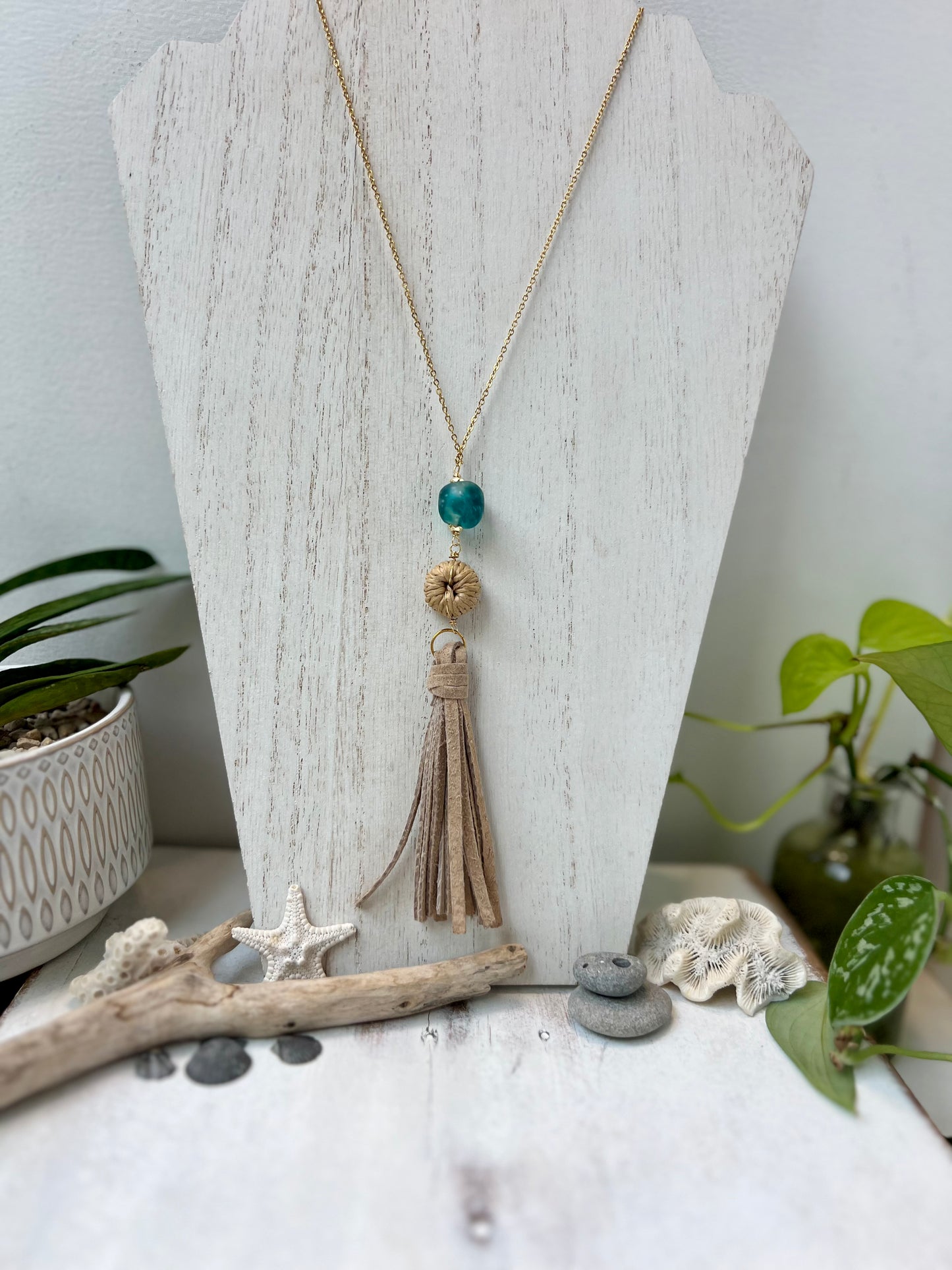 Sea Glass and Leather Tassel Necklace