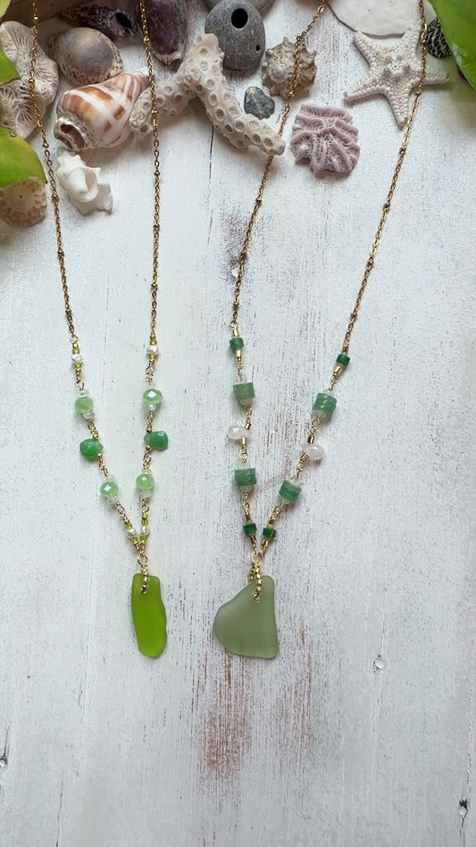 Sea Glass & Gemstone Necklace | Moonstone, Chrysoprase & Aventurine | One of a Kind Beach Jewelry