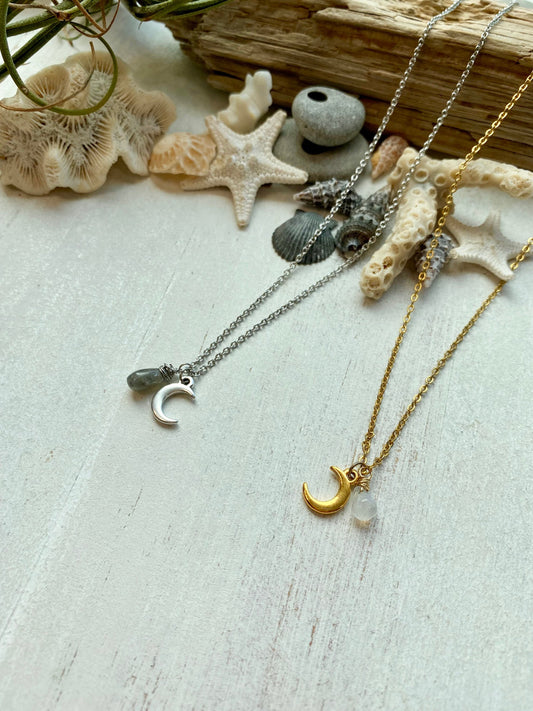 Moon charm necklace with gemstone tear drop