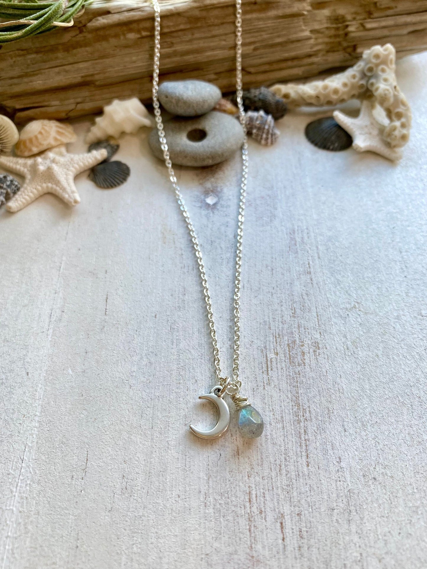 Moon charm necklace with gemstone tear drop