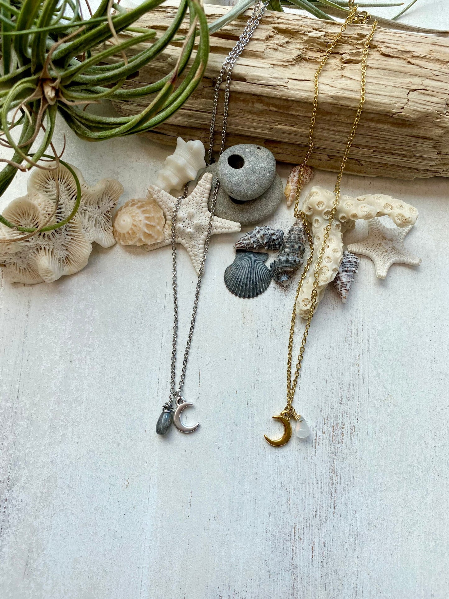 Moon charm necklace with gemstone tear drop