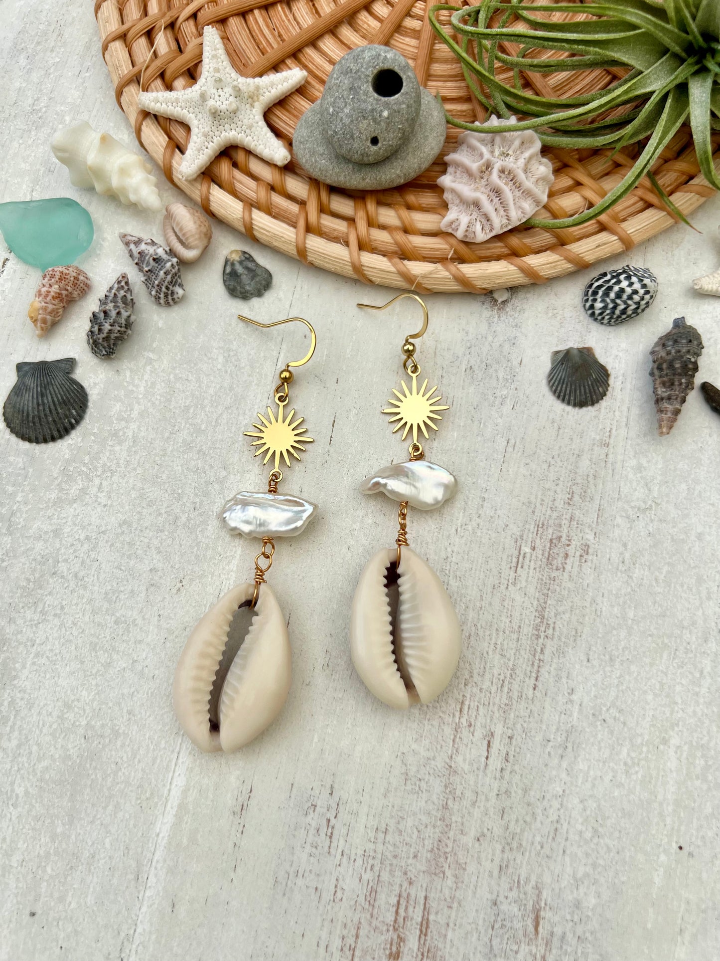 Cowrie shell, Pearl & Sun Earrings